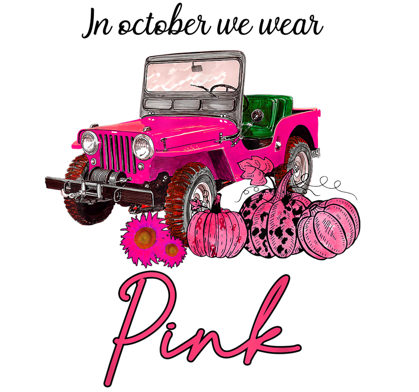In October We Wear Pink Jeep and Pumpkin Breast Cancer Awareness`
